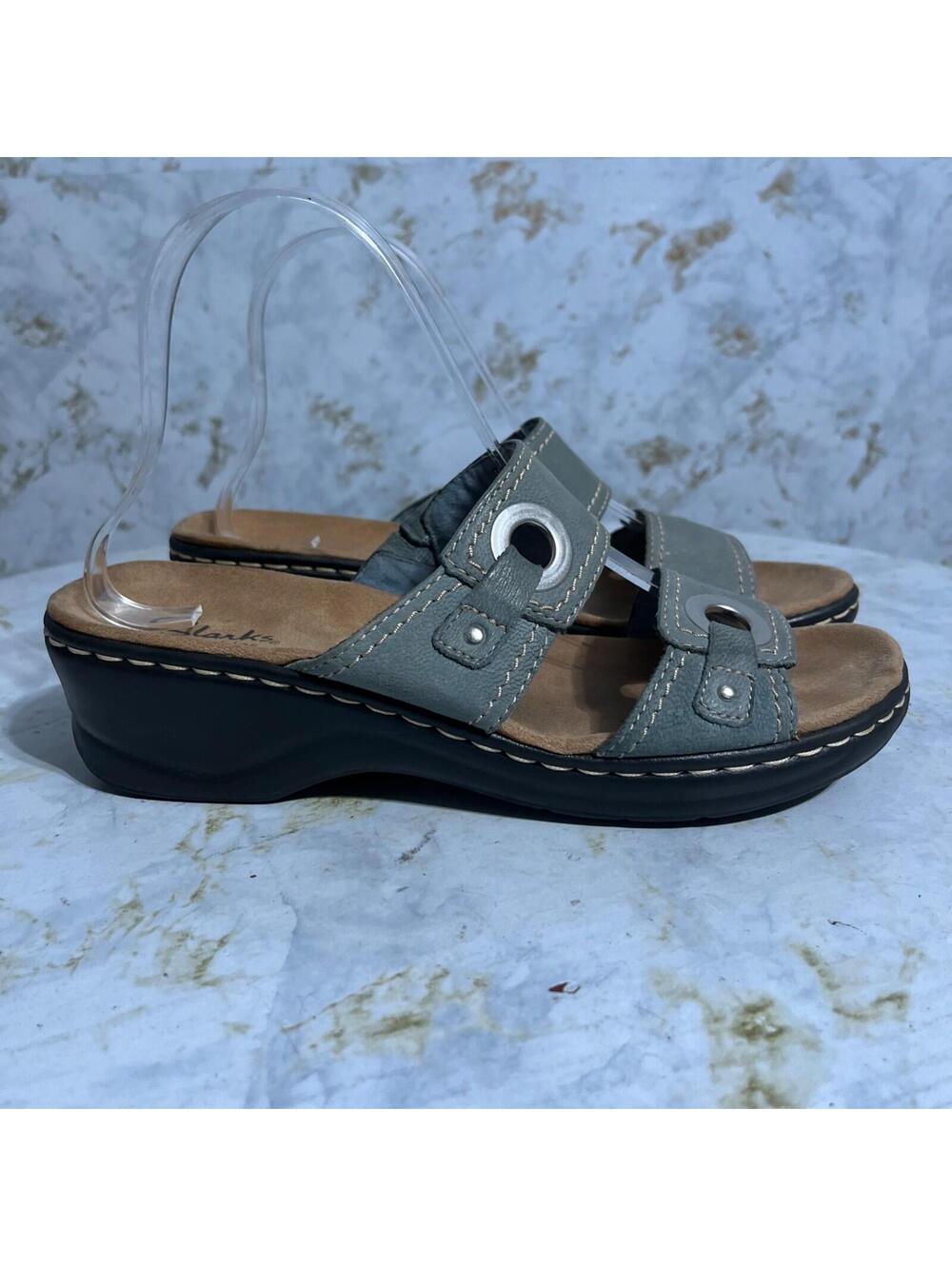 Clarks Bendables Womens Size 8.5M Shoes Blue Black Leather Comfort Wedge Sandals